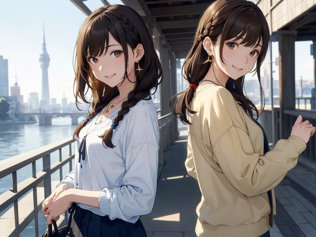 The background is the city、Skyscraper、Night view(Highest quality、masterpiece、High resolution)、(Sargent-style watercolor)、(Anime Art)、、((Right beside、Woman profile、))、(Detailed depiction of a beautiful face）、Suit jacket、Long sleeve tops、A kind smile、Medium Short Hair、Dark Brown Hair、Braiding、、
information(Highest quality:1.2)、Very detailed、High resolution、masterpiece:1,2、Bright colors、Bokeh、Professional Lighting、Physically Based Rendering、Flat Color:0.8、Fine Illustration、Realistic:1.37、Makoto Shinkai style、Name Style、Light Brown Hair、Elegant update、Short Bob、Three young women in casual clothes、Laugh together、Dynamic poselip、cheek(Dark Brown Hair/)bangs、cheek(direction)、(最高masterpiece1.2)繊細なイラストVery detailed、Break Blue Sky、Detailed Background、20-year-old female、、A shy smile、Through clenched teeth、Clench your teeth、lip、cheek(Flat Color: 0.8)、(masterpiece: 1,2)、(masterpiece: 1,2)、High resolution、超High resolution、Highest quality、High resolution、Ultra-thin illustration、Makoto Shinkai style、Your Name is Style、long hair、Short Bob、necklace、Earrings、Dynamic pose、Selfie、whole body、Brown Hair、Braiding、Hair Bun、ponytail･Hair Bunスタイル、necklace、Valletta、ribbon、Earrings・アニキュア,。
