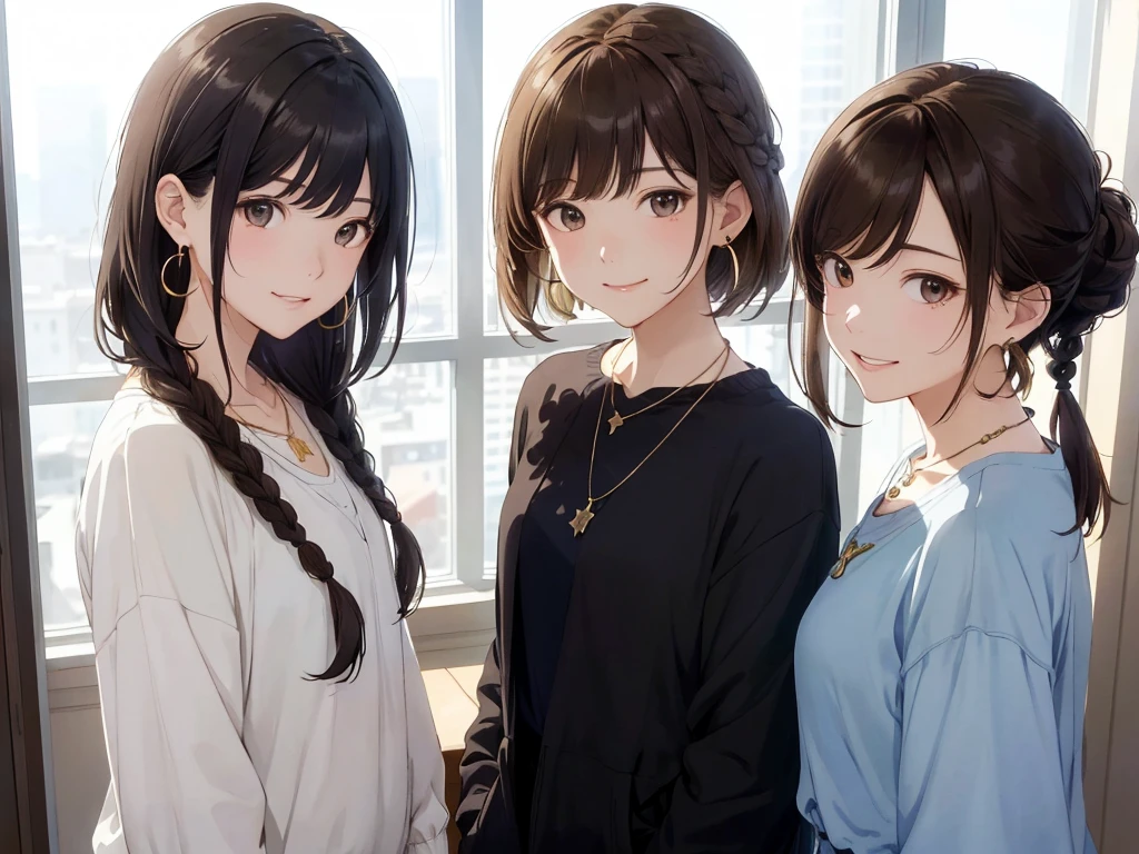 The background is the city、Skyscraper、Night view(Highest quality、masterpiece、High resolution)、(Sargent-style watercolor)、(Anime Art)、、((Right beside、Woman profile、))、(Detailed depiction of a beautiful face）、Suit jacket、Long sleeve tops、A kind smile、Medium Short Hair、Dark Brown Hair、Braiding、、
information(Highest quality:1.2)、Very detailed、High resolution、masterpiece:1,2、Bright colors、Bokeh、Professional Lighting、Physically Based Rendering、Flat Color:0.8、Fine Illustration、Realistic:1.37、Makoto Shinkai style、Name Style、Light Brown Hair、Elegant update、Short Bob、Three young women in casual clothes、Laugh together、Dynamic poselip、cheek(Dark Brown Hair/)bangs、cheek(direction)、(最高masterpiece1.2)繊細なイラストVery detailed、Break Blue Sky、Detailed Background、20-year-old female、、A shy smile、Through clenched teeth、Clench your teeth、lip、cheek(Flat Color: 0.8)、(masterpiece: 1,2)、(masterpiece: 1,2)、High resolution、超High resolution、Highest quality、High resolution、Ultra-thin illustration、Makoto Shinkai style、Your Name is Style、long hair、Short Bob、necklace、Earrings、Dynamic pose、Selfie、whole body、Brown Hair、Braiding、Hair Bun、ponytail･Hair Bunスタイル、necklace、Valletta、ribbon、Earrings・アニキュア,。
