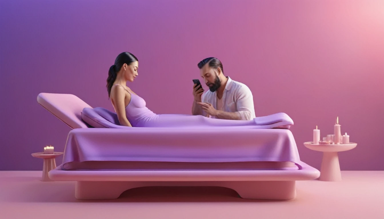 man doing erotic massage to woman, she holds smartphone in her hand, sensually, womans mouth wide open. massage table, liquid drops, skin, we can see their faces close, minimalistic, in a light purple and pink style, with soft edges and blurred details, with a 3D render, on a colorful background, with a minimalist stage design, in a surreal style, with a cinema4D rendering, with a minimalist style, with low saturation, using gradient colors, with a cinema4D rendering, with a blender rendering, with super detail, at a super high resolution, at a super high definition
