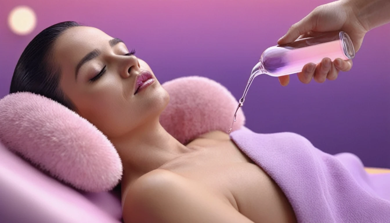 man doing erotic massage to woman, she holds smartphone in her hand, sensually, womans mouth wide open. massage table, liquid drops, skin, we can see their faces close, minimalistic, in a light purple and pink style, with soft edges and blurred details, with a 3D render, on a colorful background, with a minimalist stage design, in a surreal style, with a cinema4D rendering, with a minimalist style, with low saturation, using gradient colors, with a cinema4D rendering, with a blender rendering, with super detail, at a super high resolution, at a super high definition