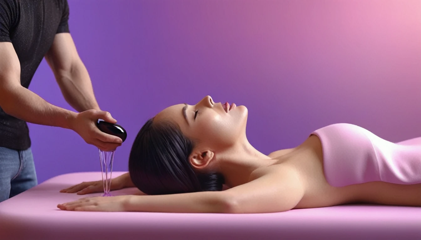 man doing erotic massage to woman, she holds smartphone in her hand, sensually, womans mouth wide open. massage table, liquid drops, skin, we can see their faces close, minimalistic, in a light purple and pink style, with soft edges and blurred details, with a 3D render, on a colorful background, with a minimalist stage design, in a surreal style, with a cinema4D rendering, with a minimalist style, with low saturation, using gradient colors, with a cinema4D rendering, with a blender rendering, with super detail, at a super high resolution, at a super high definition