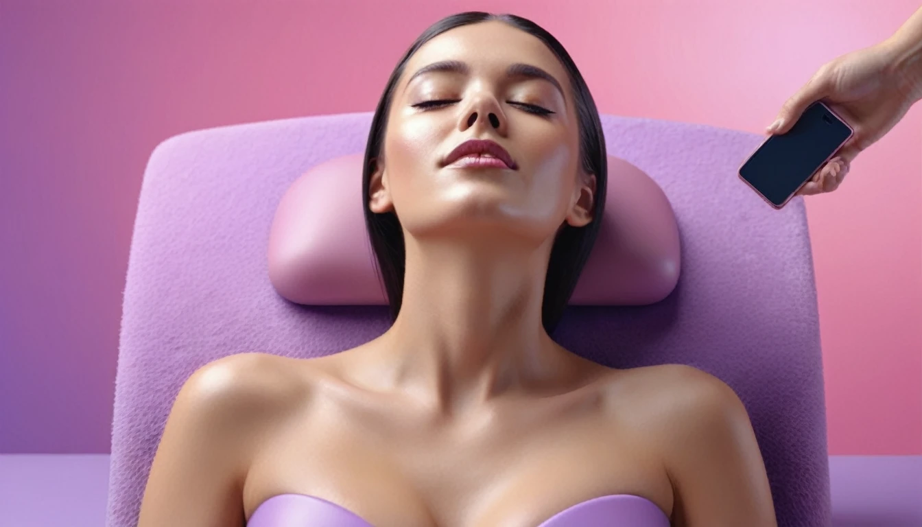 man doing erotic massage to woman, she holds smartphone in her hand, sensually, womans mouth wide open. massage table, liquid drops, skin, we can see their faces close, minimalistic, in a light purple and pink style, with soft edges and blurred details, with a 3D render, on a colorful background, with a minimalist stage design, in a surreal style, with a cinema4D rendering, with a minimalist style, with low saturation, using gradient colors, with a cinema4D rendering, with a blender rendering, with super detail, at a super high resolution, at a super high definition
