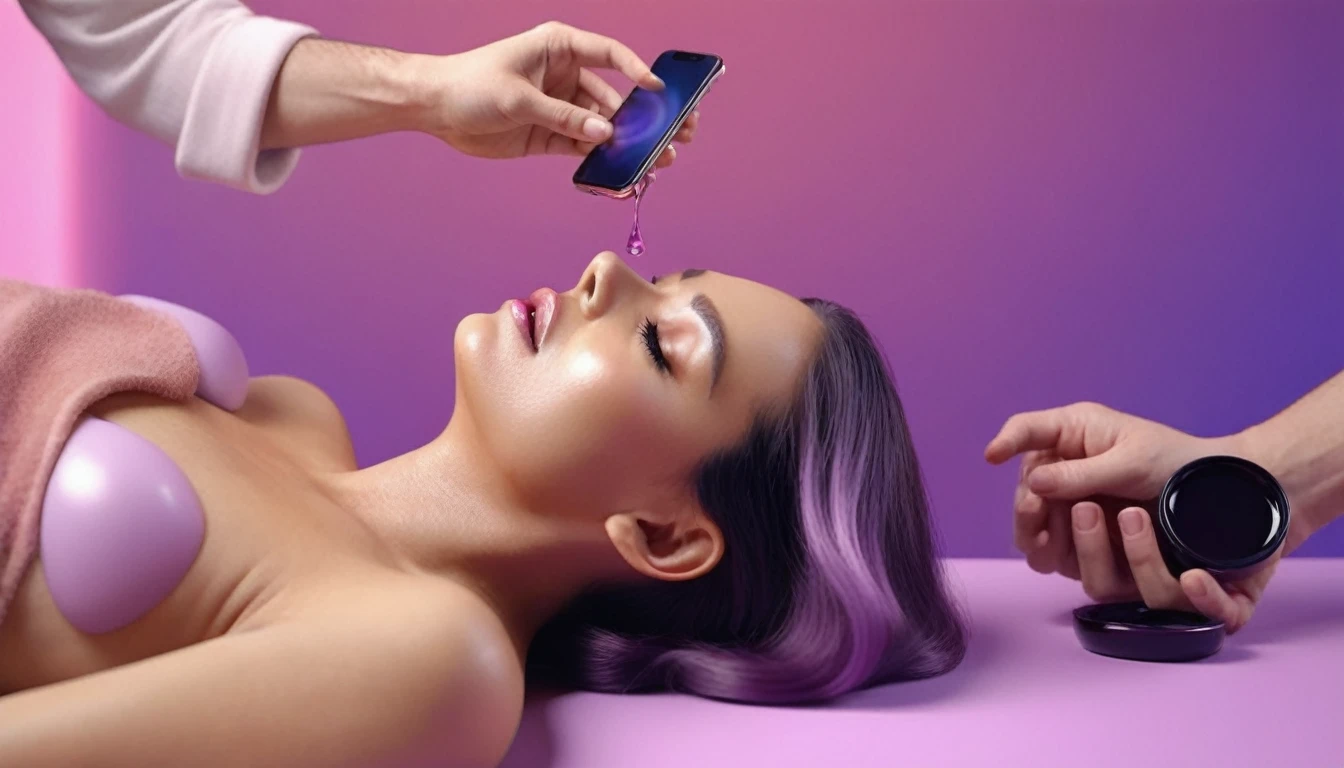 man doing erotic massage to woman, she holds smartphone in her hand, sensually, womans mouth wide open. massage table, liquid drops, skin, we can see their faces close, minimalistic, in a light purple and pink style, with soft edges and blurred details, with a 3D render, on a colorful background, with a minimalist stage design, in a surreal style, with a cinema4D rendering, with a minimalist style, with low saturation, using gradient colors, with a cinema4D rendering, with a blender rendering, with super detail, at a super high resolution, at a super high definition
