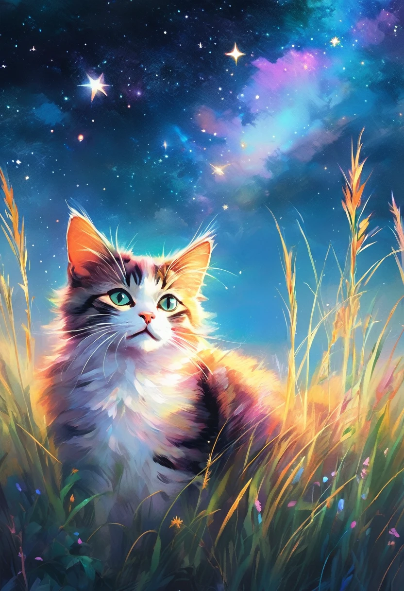 a colorful and lighted sky with a cat sitting in a field surrounded by tall grass, in the style of pastel painting, ethereal light effects, light atmospheric woodland imagery,the stars art group (xing xing), dark shine