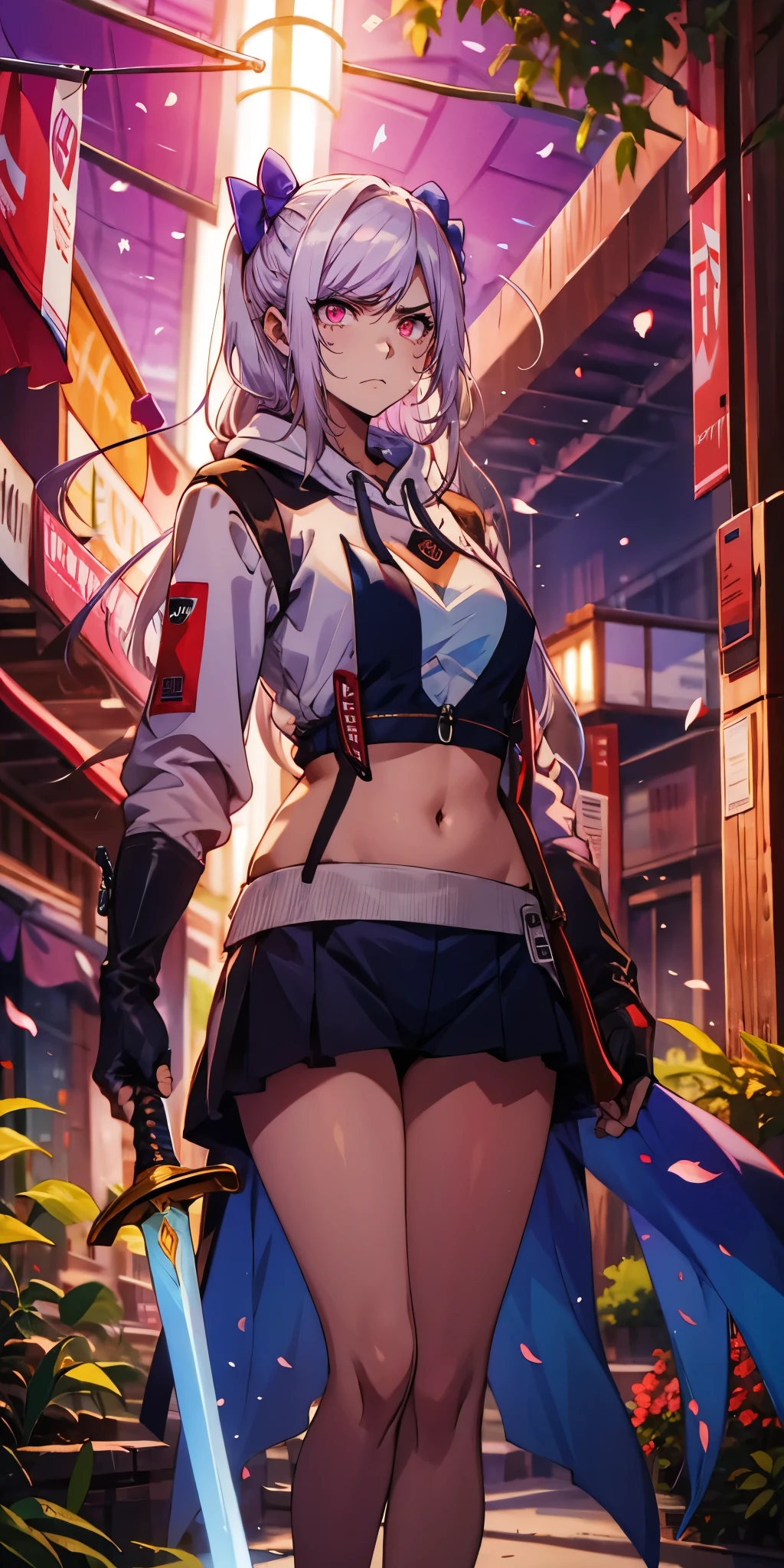 (silver hair:1.3), long hair, ribbon, twintail, red eyes, 1girl, solo, sword, holding_sword, jewelry, standing, looking_at_viewer, sakura, plants, rock, backlighting, bokeh falling petals, HD, holding_sword, breasts, cropped hoodie, black bikini, long sleeves, hollow eyes, red eyes, looking at viewer. glowing eyes, (heavy breathing:1.2), (annoyed:1.2), 