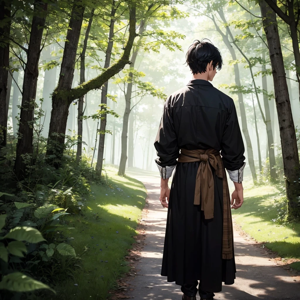 back view black hair boy with medieval farmer outfit
BREAK
in the magical forest
