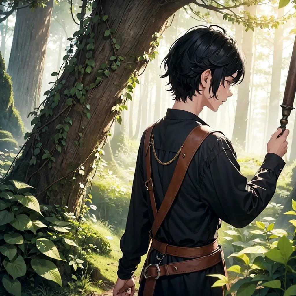 back view black hair boy with medieval farmer outfit
BREAK
in the magical forest