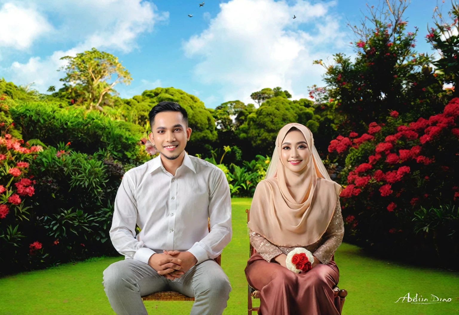there are two people sitting on a chair in a garden, full protrait, couple portrait, couples portrait, couple, potrait, happy couple, portrait picture, wedding photo, protrait, photo portrait, backdrop, in garden, picture portrait, by Abidin Dino, lovely couple, profesional photography, in a scenic background, realistic portrait photo