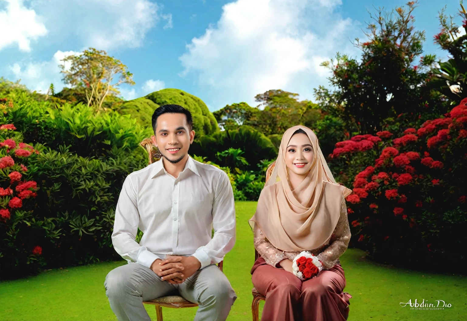 there are two people sitting on a chair in a garden, full protrait, couple portrait, couples portrait, couple, potrait, happy couple, portrait picture, wedding photo, protrait, photo portrait, backdrop, in garden, picture portrait, by Abidin Dino, lovely couple, profesional photography, in a scenic background, realistic portrait photo