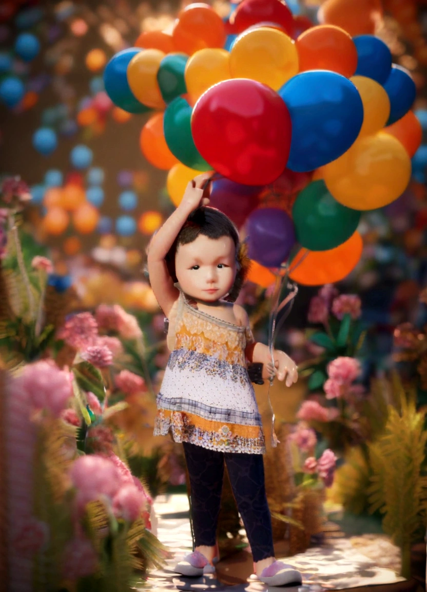 3d, chubby, orange and black dress, holding balloons