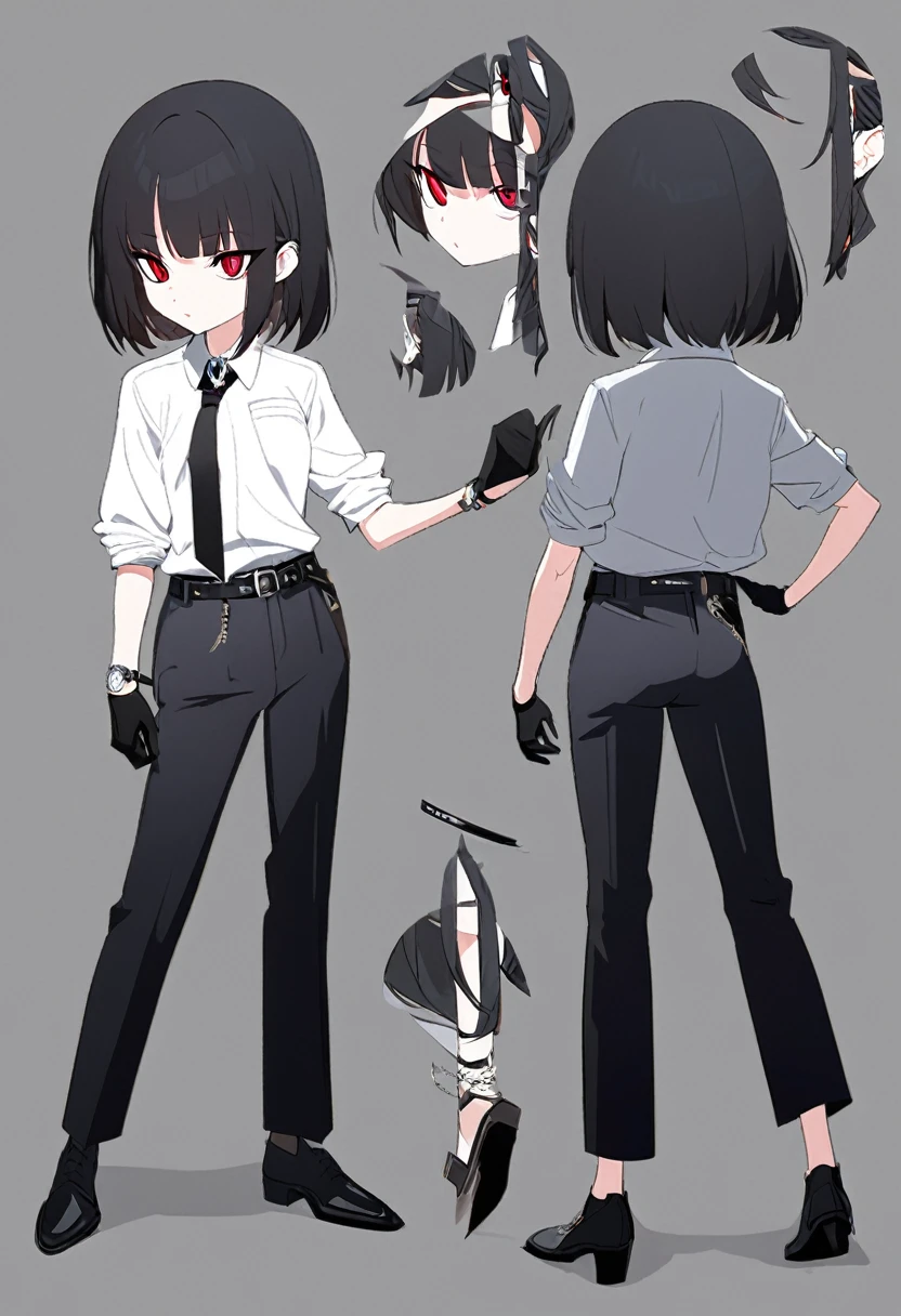 One woman,Dynamic,whole body,Are standing,mysterious,Concept Art,Character Design,Jet black straight hair,The bangs are trimmed to accentuate the eyes.,Short Hair,Well-proportioned face,Sharp Eyes,White shirt and black tie,Black slacks,Silver cufflinks on the left hand,On the ring finger of her right hand she wears a simple silver ring.。Luxury watches,Black leather shoes,beltでウエストラインを強調,Arknights Wind,Stylish,Red eyes,belt,Stylishな赤い模様の上着,Stylish,Simple background gray,Details,Okabo Hair,Half-open eyes,Cool appearance,Multiple Views,Black gloves,