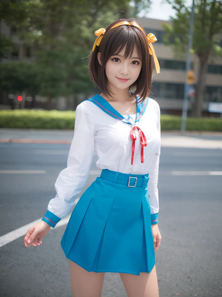 (alone:1.5),Light brown short-cut hair、Big Breasts:1.5、looking at the camera、A big smile、((((whole body))))、Top image quality、超A high resolution、(photographrealistic:1.4)、 AccentLighting, 8K, japanese, (Beautiful face: 1.1),(50 years old:1.3)、(photorealistic photos:1.2)、At 8K、haruhi_surfing, white long sleeve shirt and blue collar, micro mini skirt,blue skirt, red tie, yellow ribbon, pretty girl, roadside