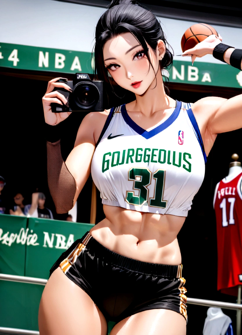 Asian woman in her 50s taking a photo wearing a sports bra top, sporty physique, Wearing a basketball jersey, Sports bra and shirt, Japanese Model, sporty, 2 4-year-old female model, Gorgeous Chinese Model, Models with an attractive body, Sports bra and shorts, Wearing the NBA jersey, , attractive sporty