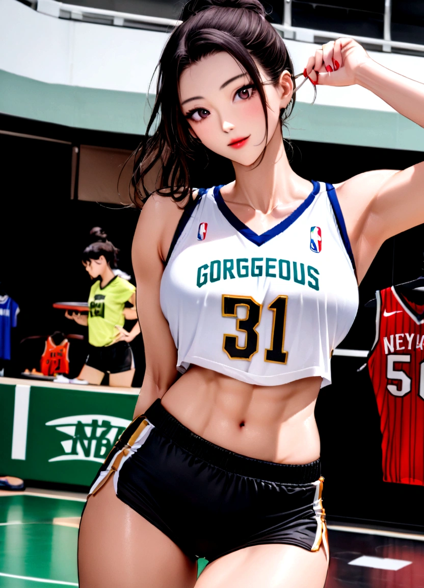 Asian woman in her 50s taking a photo wearing a sports bra top, sporty physique, Wearing a basketball jersey, Sports bra and shirt, Japanese Model, sporty, 2 4-year-old female model, Gorgeous Chinese Model, Models with an attractive body, Sports bra and shorts, Wearing the NBA jersey, , attractive sporty