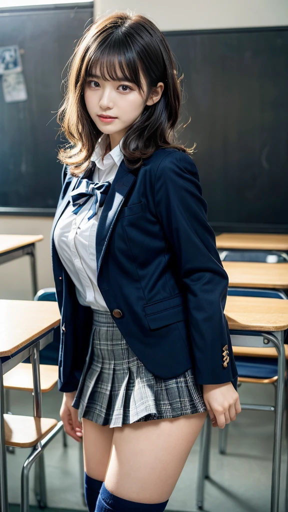 masterpiece, best quality, illustration, Super detailed, fine details, High resolution, 8K,wall paper, perfect dynamic composition,(Details High quality, realistic depiction of eyes:1.3), from side, High School Classroom、High school girl uniform、blazer 、Super Short Check Uniform Skirt、Navy blue high socks、garterbelts、Colossal tits、Disturbed uniform, short hair, (wavy hair:1.2), short bob hair, black hair color, large breasts, Big Natural Color Lip, acrobatic pose, perfect body shape, crying a little、Harajuku style、20 year old girl、cute type, beautiful legs, hposing Gravure Idol, Voluptuous thighs