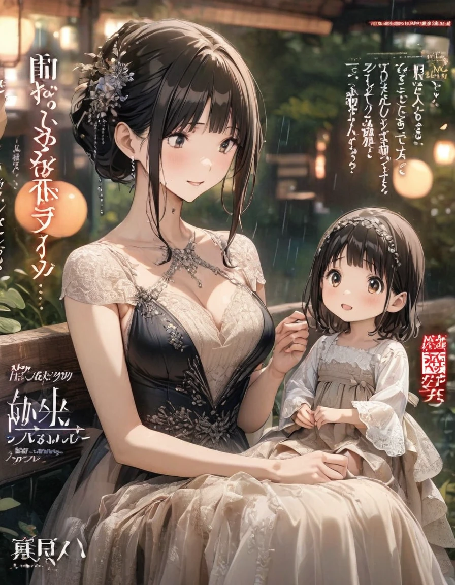 Magazine cover(masterpiece, best quality:1.2),Mother and Daughter，happy（（（The eyes are delicate）））（（Black Diamond Evening Dress）），rain（8K）（HD）
