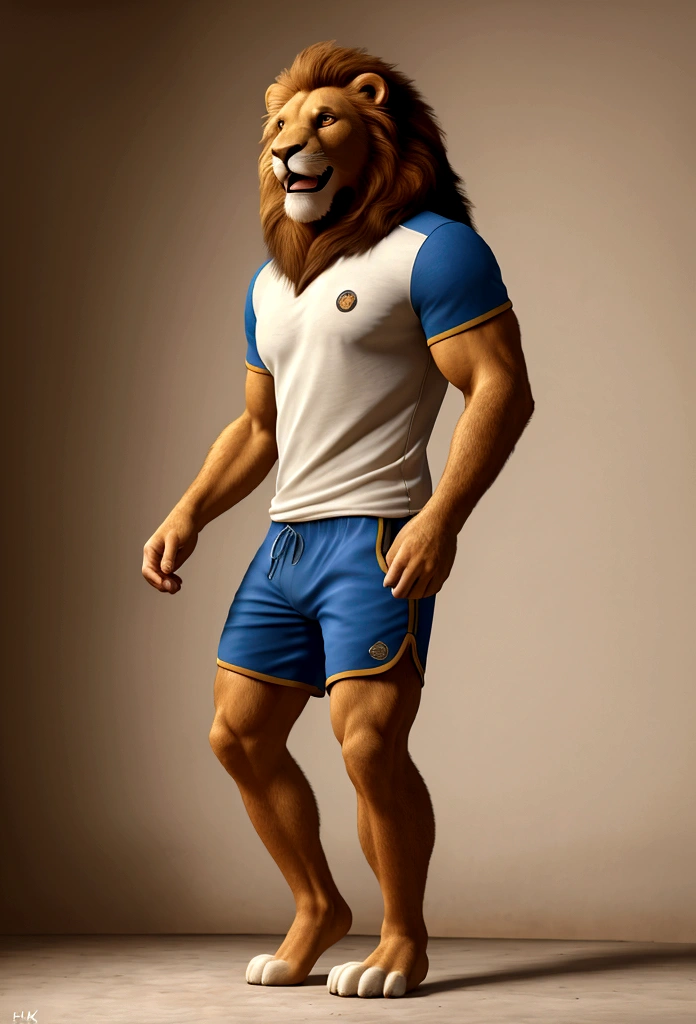 (Best quality,4K,8 k,A high resolution, masterpiece:1.2), Ultra detailed,(realistic, photorealistic, photo-realistic:1.37),a lion, male, long and light mane, Muscular body of an animal, wearing blue sports shorts and a white short sleeve sports T-shirt, smiling, bright colors, full length, with an emotional expression, open mouth, standing straight, with lion paws, lion body covered with fur