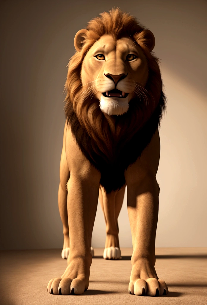 (Best quality,4K,8 k,A high resolution, masterpiece:1.2), Ultra detailed,(realistic, photorealistic, photo-realistic:1.37),a lion, male, long and light mane, Muscular body of an animal, wearing blue sports shorts and a white short sleeve sports T-shirt, smiling, bright colors, full length, with an emotional expression, open mouth, standing straight, with lion paws, lion body covered with fur