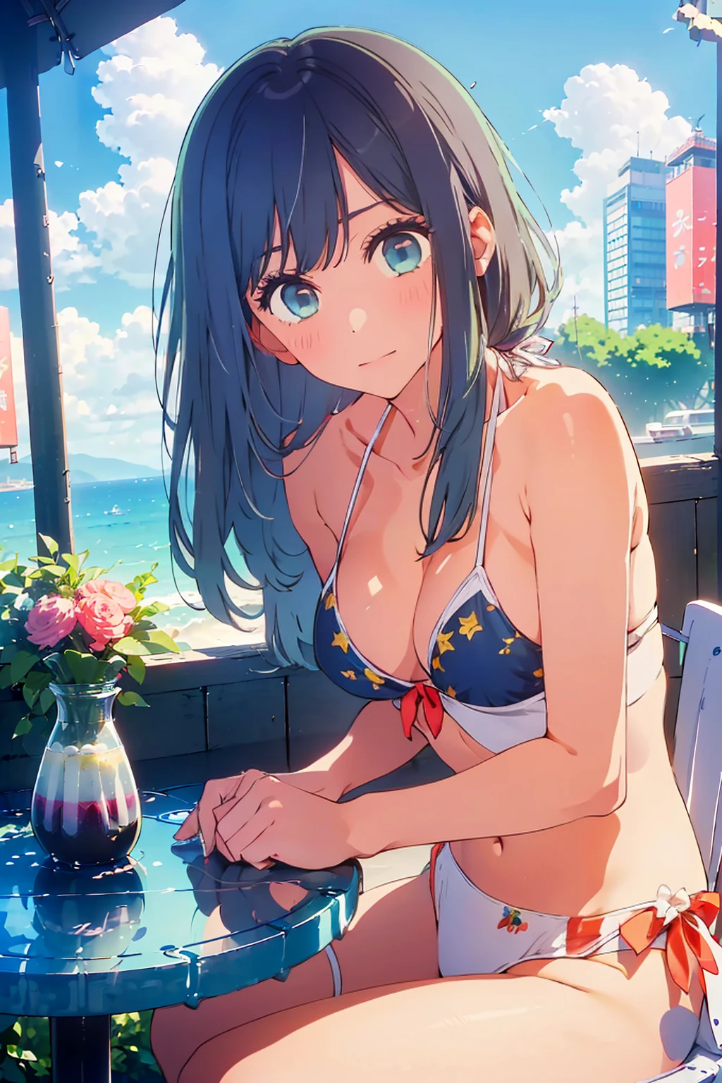 (Highest quality:1.4、8K:1.4、detailed)、F cup bust、Big Breasts、Slim body、Very white beautiful skin、((((1 person、Surprised expression、sit、Chair、In the background are the urban buildings of Tokyo、looking at the camera、Outdoor café terrace、coastal、Navy hair color、juice、White side string high leg bikini、table、Shooting from an angle、Very cute face))))、(Cover your chest with your hands:1.4)、Very blue sky、A completely cloudless sky