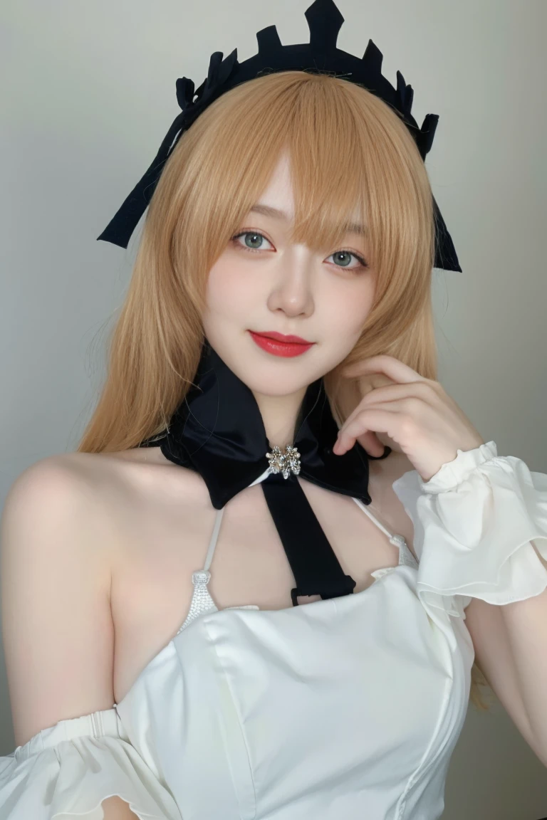 best quality, tmasterpiece,Ultra-high resolution,Clear face,(Reality:1.4),ferpect lighting,(upper body shot:1.5), (photorealistic:1.50), anime wallpaper, Guviz style artwork, cover-up fantasy up to magic , by Yang J, Guviz, beautiful artwork illustration, beautiful digital artwork, beautiful digital illustration, Li Song, beautiful anime portrait, art style in Beauvot, 1girl, fischl_\(genshin_impact\), 独奏, eyepatch, green_eyes, two_side_up, bionde_hair, breasts, gloves, fang, long_hair, looking_at_viewer, bow, smile, open_mouth, skin_fang, garter_straps, just_shoulders, purple_bow, white_background, bangs, small_breasts, bowtie, hair_over_one_eye, feathers, hair_ribbon, ribbon, dress, simple_background, medium_breasts, blush,