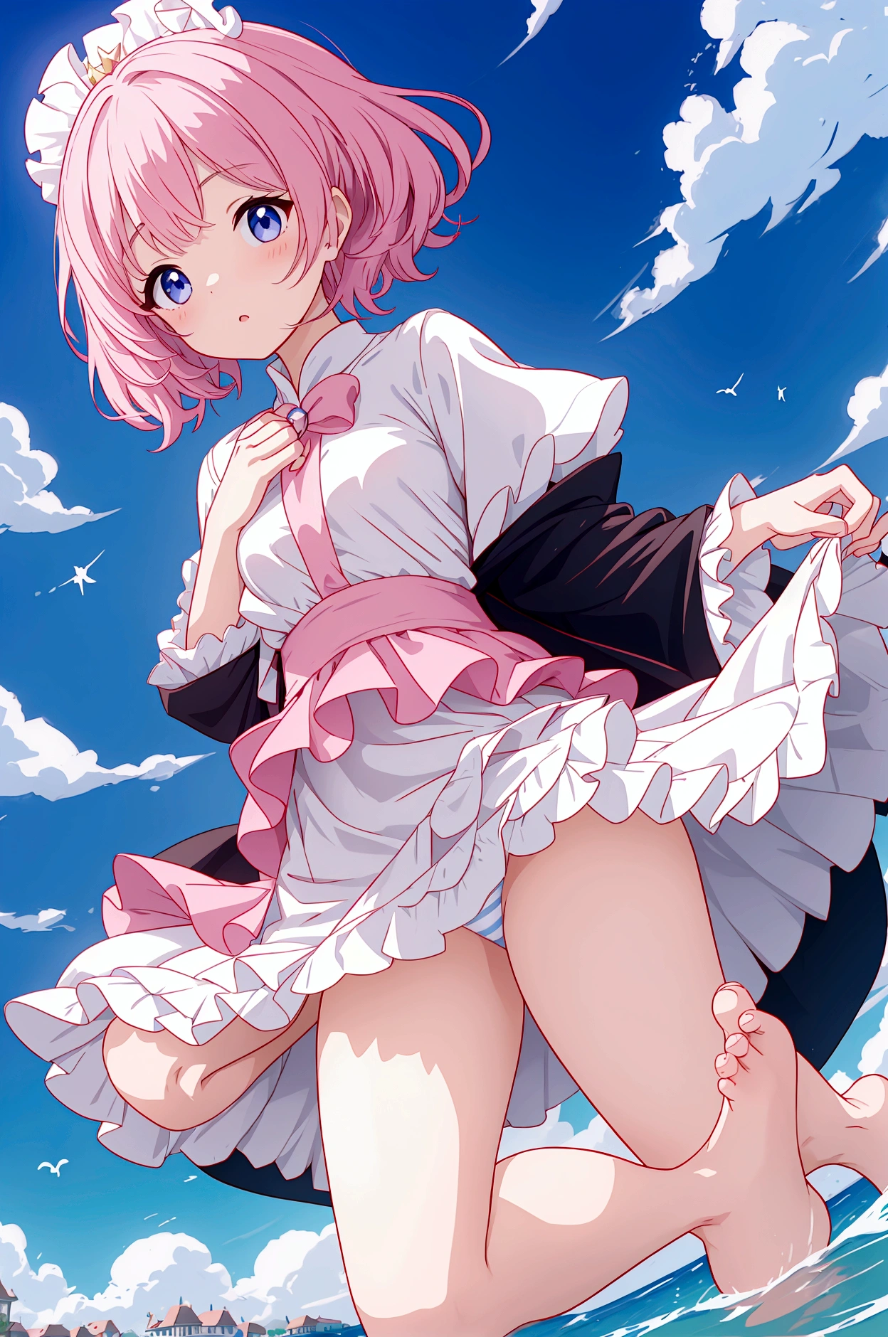 Plain white with emphasis on the chestTshirt、You can see the chest from the neck、Ultramarine and white striped mini skirt、When you lift up her skirt you can see her cute pink frilly underwear..、Fluffy, White frilly flared skirt、When she lifted her skirt, She found some cute red frilly underwear、barefoot、library、Three girls of different heights Magical girl with a magic wand、Wind and water magic、Black Magic Robe
