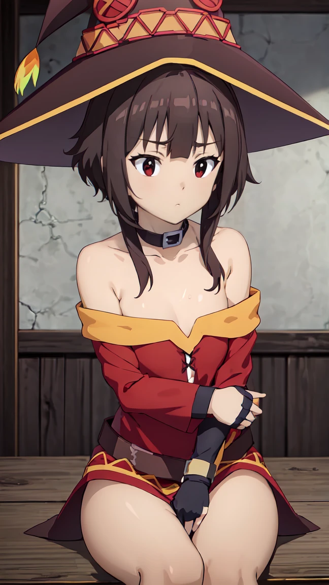 Artgerm, table, Best quality, extremely detailed, table, Best quality, Megumin, 1 girl in, bare shoulders, sex position, elastic , beautiful buttocks, стоит опершись о table, nude, very sexy, Black e.g, black gloves, black hair, e.g, necklace, clavicle, dress, hair between eyes, It has, long sleeves, I look at the viewer, Medium hair, off shoulder dress, off the shoulders, Red dress, Red eyes, side locks, One, witch hat, in room