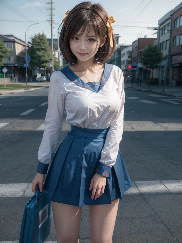 (alone:1.5),Light brown short-cut hair、Big Breasts:1.5、looking at the camera、A big smile、((((whole body))))、Top image quality、超A high resolution、(photographrealistic:1.4)、 AccentLighting, 8K, japanese, (Beautiful face: 1.1),(50 years old:1.3)、(photorealistic photos:1.2)、At 8K、haruhi_surfing, white long sleeve shirt and blue collar, micro mini skirt,blue skirt, red tie, yellow ribbon, pretty girl, roadside