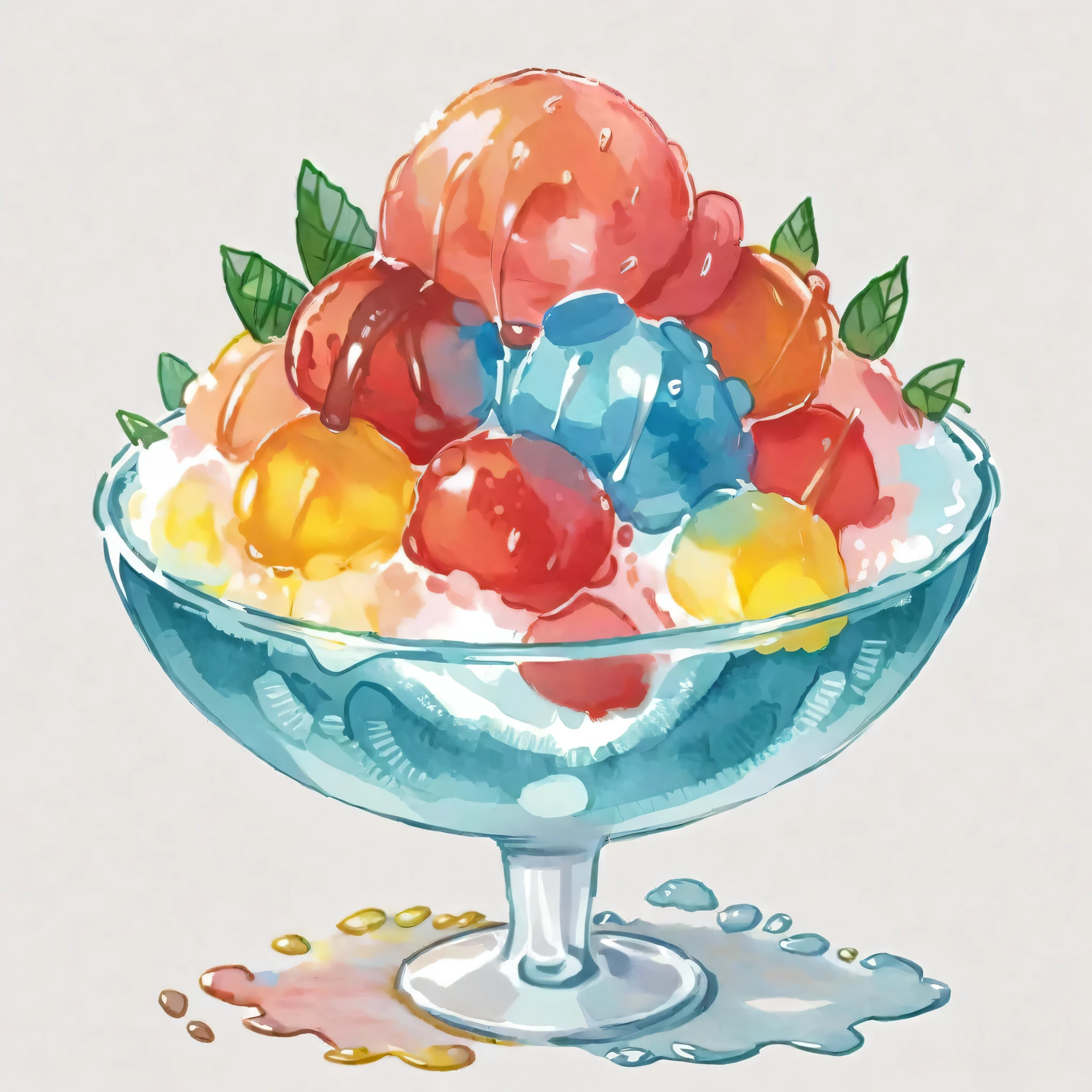 An image in watercolor style featuring a bowl of shaved ice, topped with vibrant, colorful syrups in shades of red, blue, and green. The ice glistens with a realistic texture, while the syrup flows down in a visually appealing manner. The bowl is set against a light, neutral background, which highlights the refreshing and colorful nature of the shaved ice. The watercolor technique should give a soft, fluid feel to the image, with blended colors and a slightly blurred effect that captures the essence of the medium,