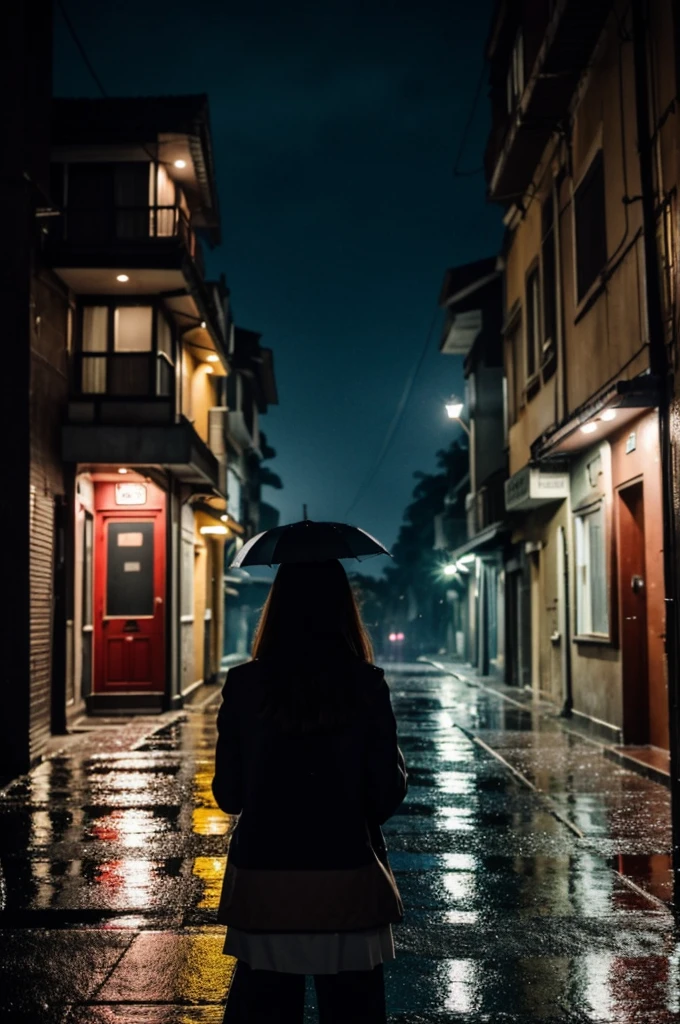 A girl hear something at the corner of the street in middle of the night and raining