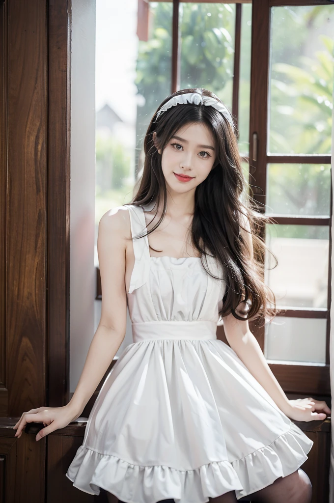 (((best quality))),(((ultra detailed))),(((masterpiece))),illustration,1girl,maid cafe,stunningly beautiful,slim,medium straight bob hair,flowing black hair,flat chest,deep captivating eyes,maid costume,white apron,bare arms,slender legs,pantyhose,graceful movements,confident charm,warm genuine smile,France cafe,sliding paper doors,delicious coffee pastries,warm inviting atmosphere,joyful eyes,Coffee Machine,upper body