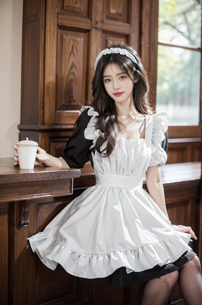 (((best quality))),(((ultra detailed))),(((masterpiece))),illustration,1girl,maid cafe,stunningly beautiful,slim,medium straight bob hair,flowing black hair,flat chest,deep captivating eyes,maid costume,white apron,bare arms,slender legs,pantyhose,graceful movements,confident charm,warm genuine smile,France cafe,sliding paper doors,delicious coffee pastries,warm inviting atmosphere,joyful eyes,Coffee Machine,upper body