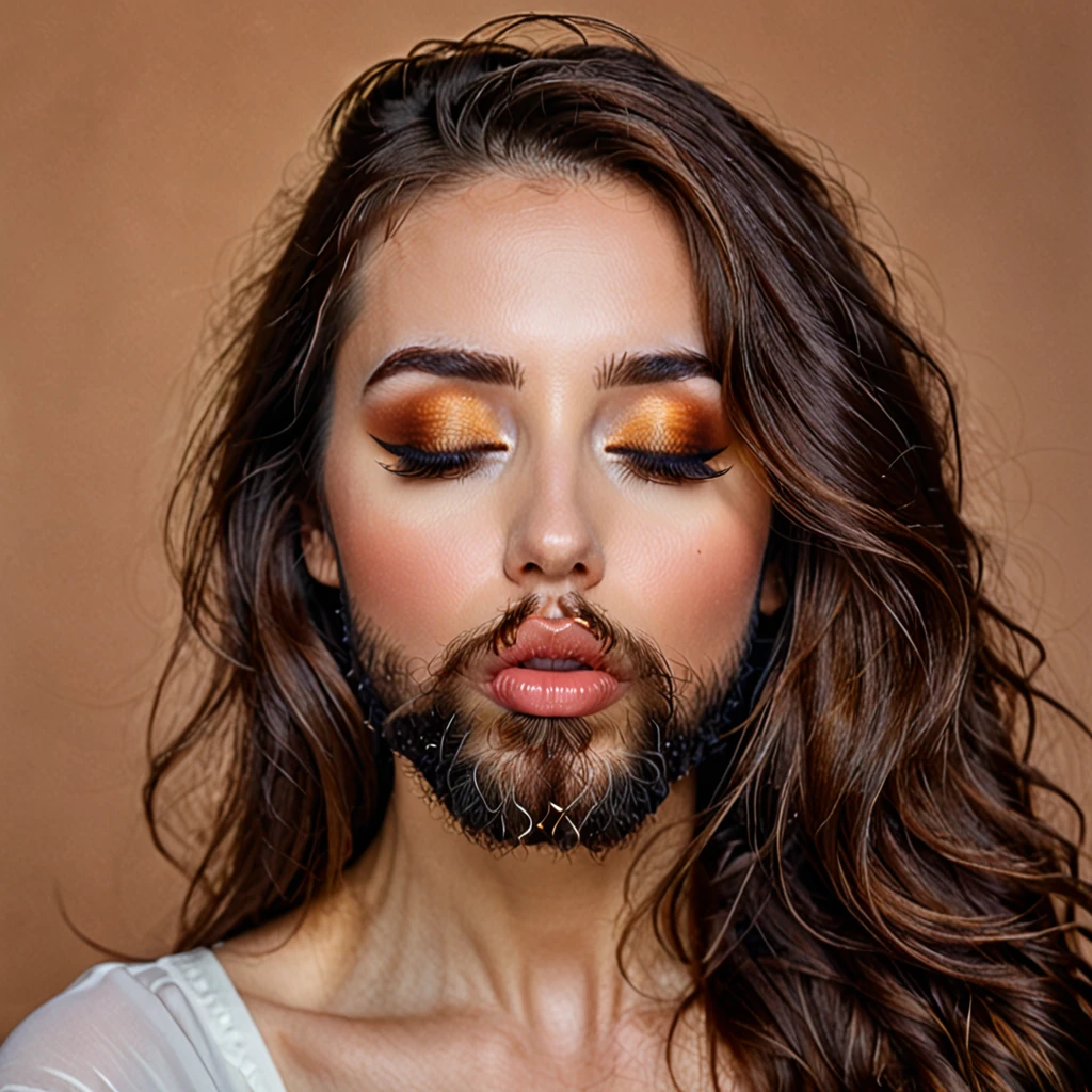 
bearded bearded woman, brown hair, amber eyes, kisses the void with her mouth, eyes closed