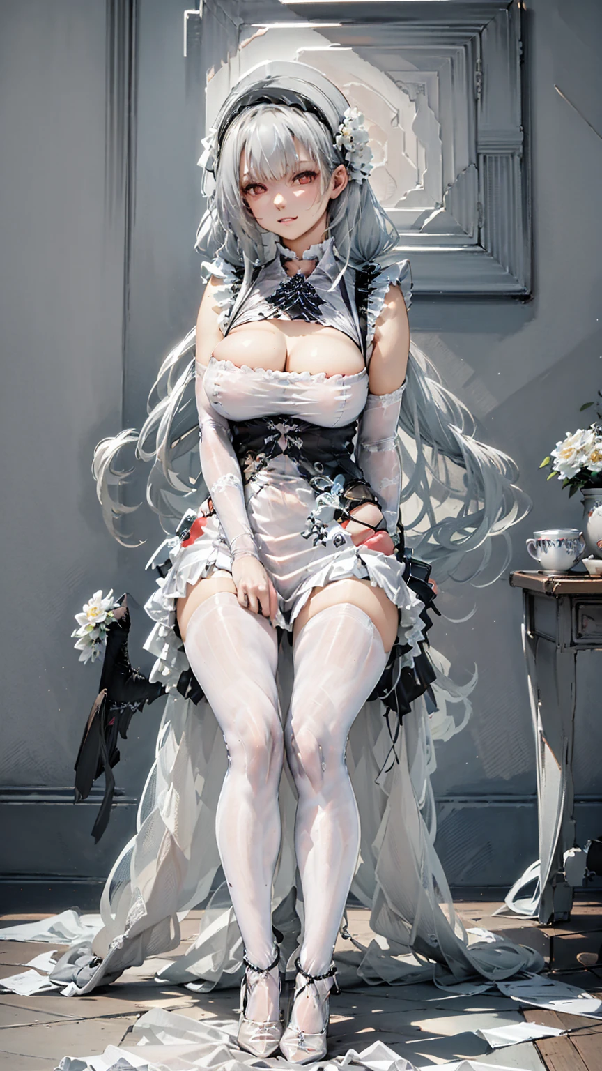 (Enrich the picture,Masterpiece level quality)Beautiful 8K CG artwork,Goddess-like posture,Kneeling exercise,Slim and soft,Translucent skin,White hair、The beauty of extra-long hair, Super Long Straight Hair,The skin is fair and juicy,Big JK Uniform,Perspective Part 1.2x enhanced silhouette effect,Exquisite transparent blues pattern in pajamas,The details are intricate and exquisite,The background is slightly blurred,Charming and lustful leg seduction,Drool,Extra-large big breasts,Blush,masterpiece