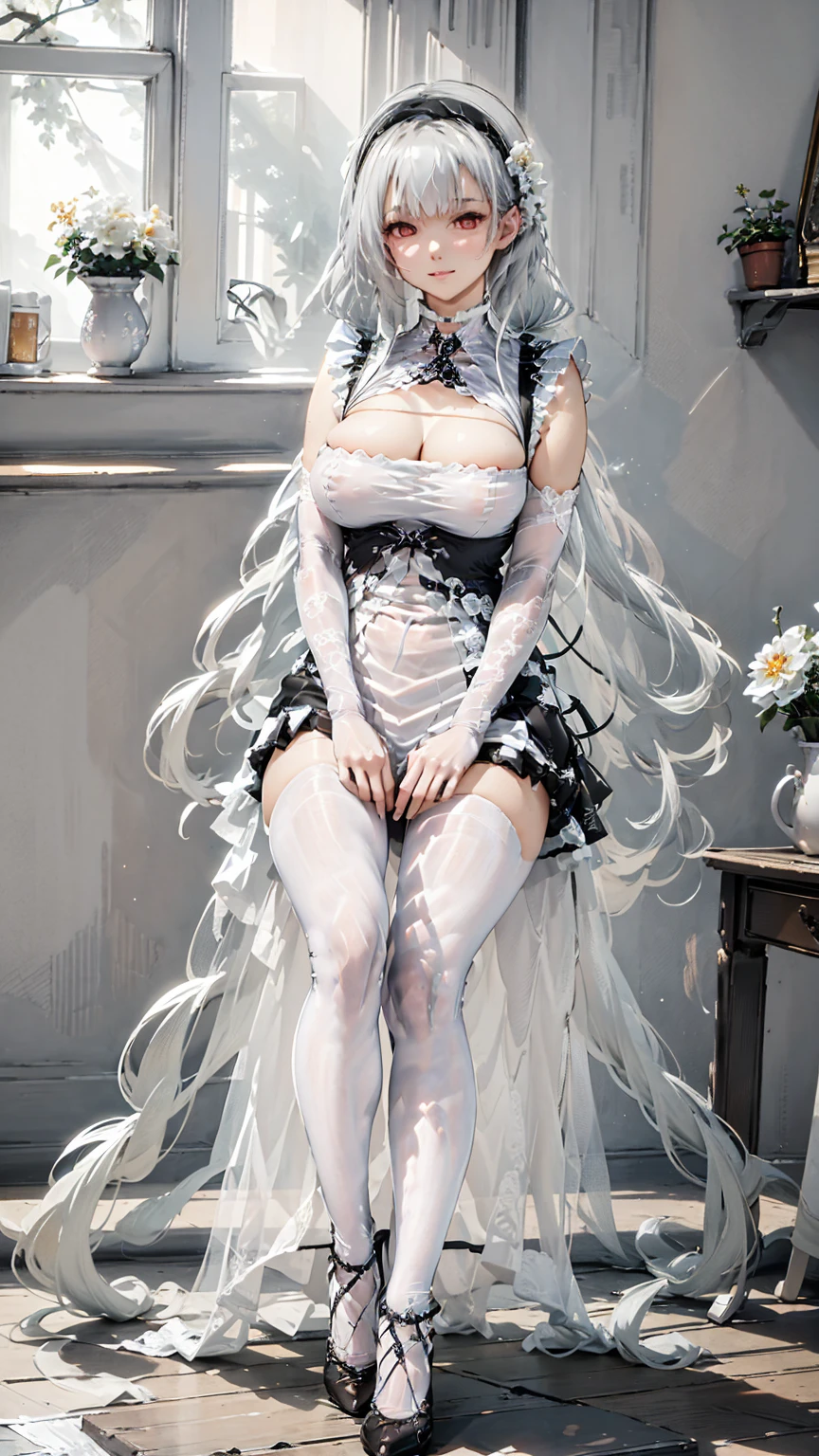 (Enrich the picture,Masterpiece level quality)Beautiful 8K CG artwork,Goddess-like posture,Kneeling exercise,Slim and soft,Translucent skin,White hair、The beauty of extra-long hair, Super Long Straight Hair,The skin is fair and juicy,Big JK Uniform,Perspective Part 1.2x enhanced silhouette effect,Exquisite transparent blues pattern in pajamas,The details are intricate and exquisite,The background is slightly blurred,Charming and lustful leg seduction,Drool,Extra-large big breasts,Blush,masterpiece