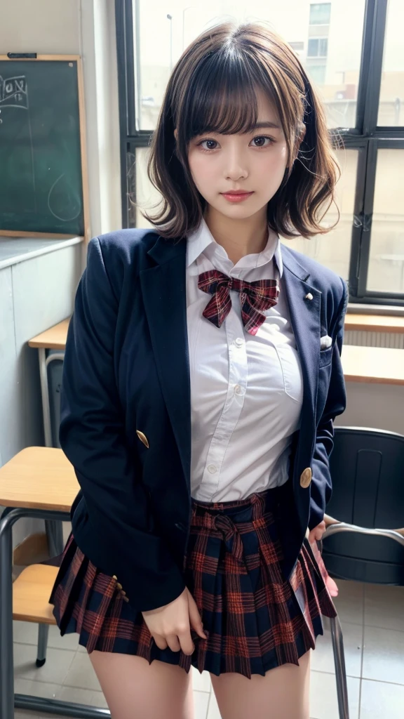 masterpiece, best quality, illustration, Super detailed, fine details, High resolution, 8K,wall paper, perfect dynamic composition,(Details High quality, realistic depiction of eyes:1.3), High School Classroom、High school girl uniform、blazer 、Super Short Check Uniform Skirt、Navy blue high socks、garterbelts、Colossal tits、Disturbed uniform, short hair, (wavy hair:1.2), short bob hair, black hair color, large breasts, Big Natural Color Lip, acrobatic pose, perfect body shape, crying a little、Harajuku style、20 year old girl、cute type, beautiful legs, hposing Gravure Idol, Voluptuous thighs