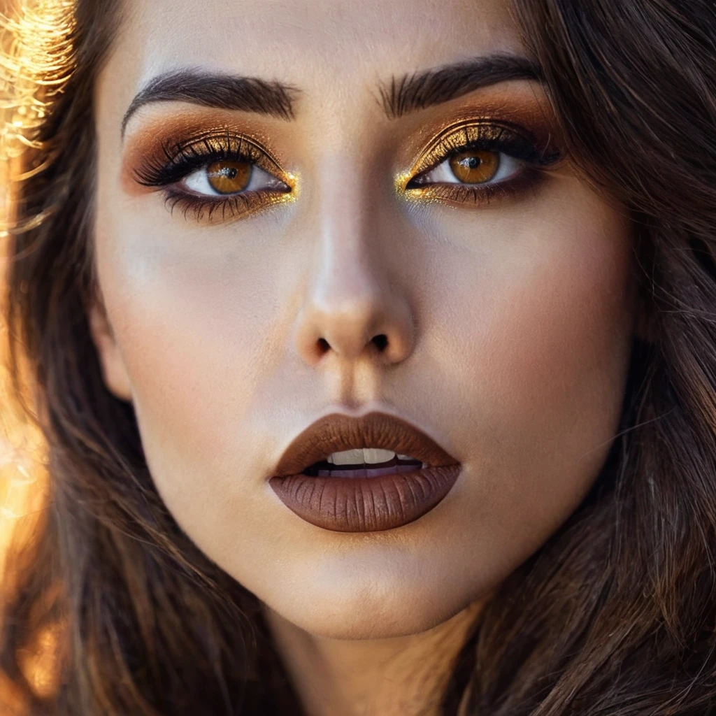
bearded bearded woman, brown hair, amber eyes, kisses the void with her mouth, eyes closed