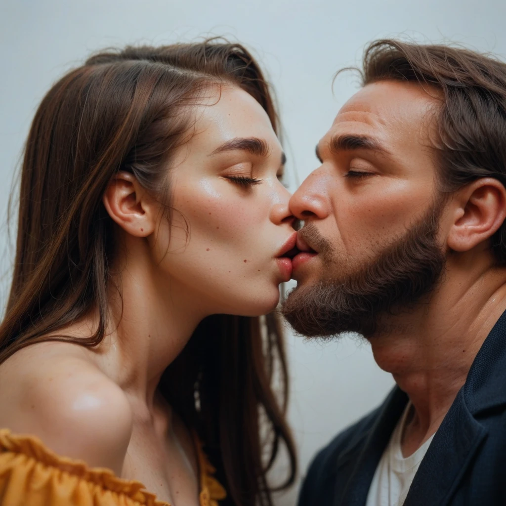 bearded bearded woman, brown hair, amber eyes, kisses the void with her mouth, eyes closed