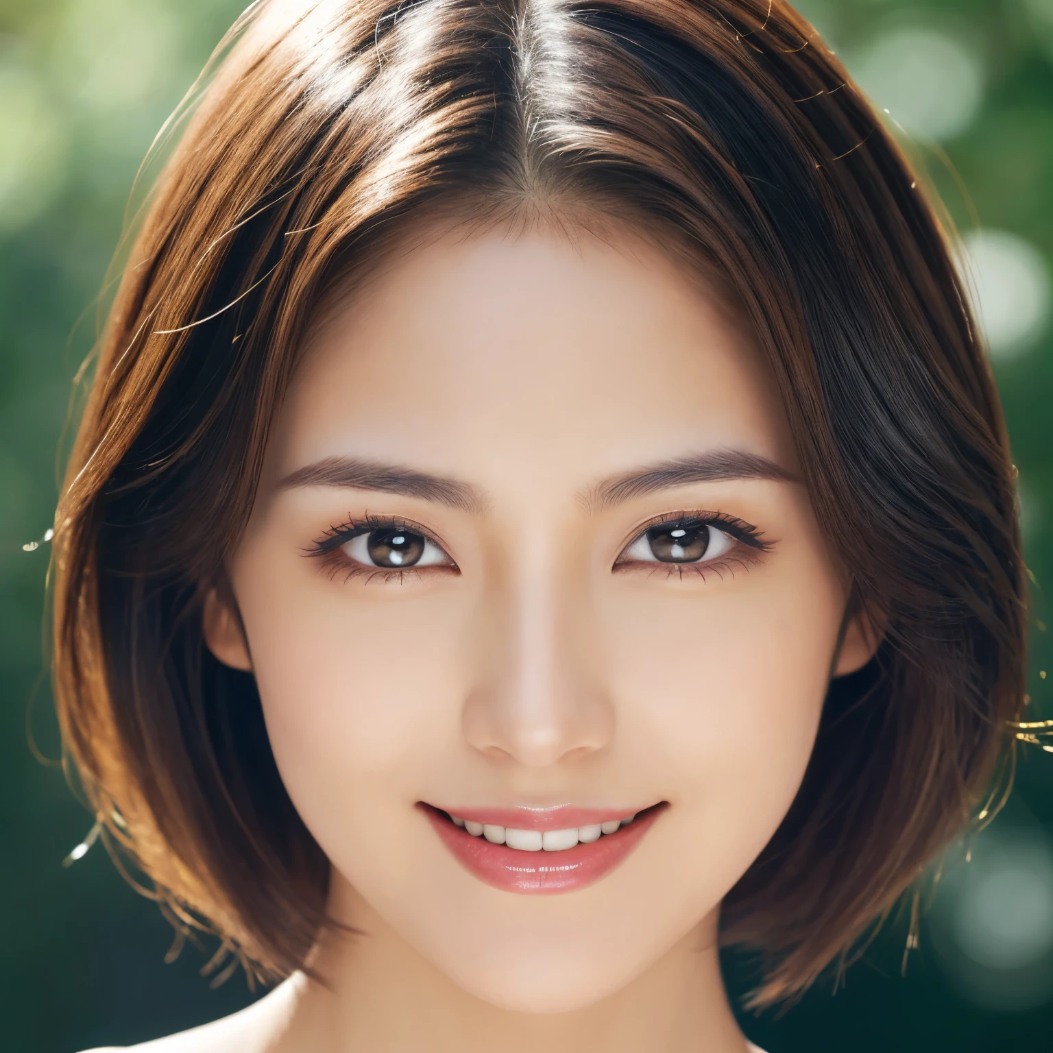 (Highest quality、Tabletop、8K、Best image quality、Award-winning works)、、Glossy Lips、Illuminate the face、(Very short hair that fits the face:1.2)、(Face close-up:1.25)、Look at me and smile、Elegant and flawless makeup、Ultra-high definition beauty face、Ultra HD Hair、Ultra-high definition sparkling eyes、(Shining Ultra HD Beautiful Skin:1.1)、Super high resolution Glossy Lips、(Accurate anatomy:1.1)、Ultra HD Hair、Ultra high resolution perfect beautiful teeth