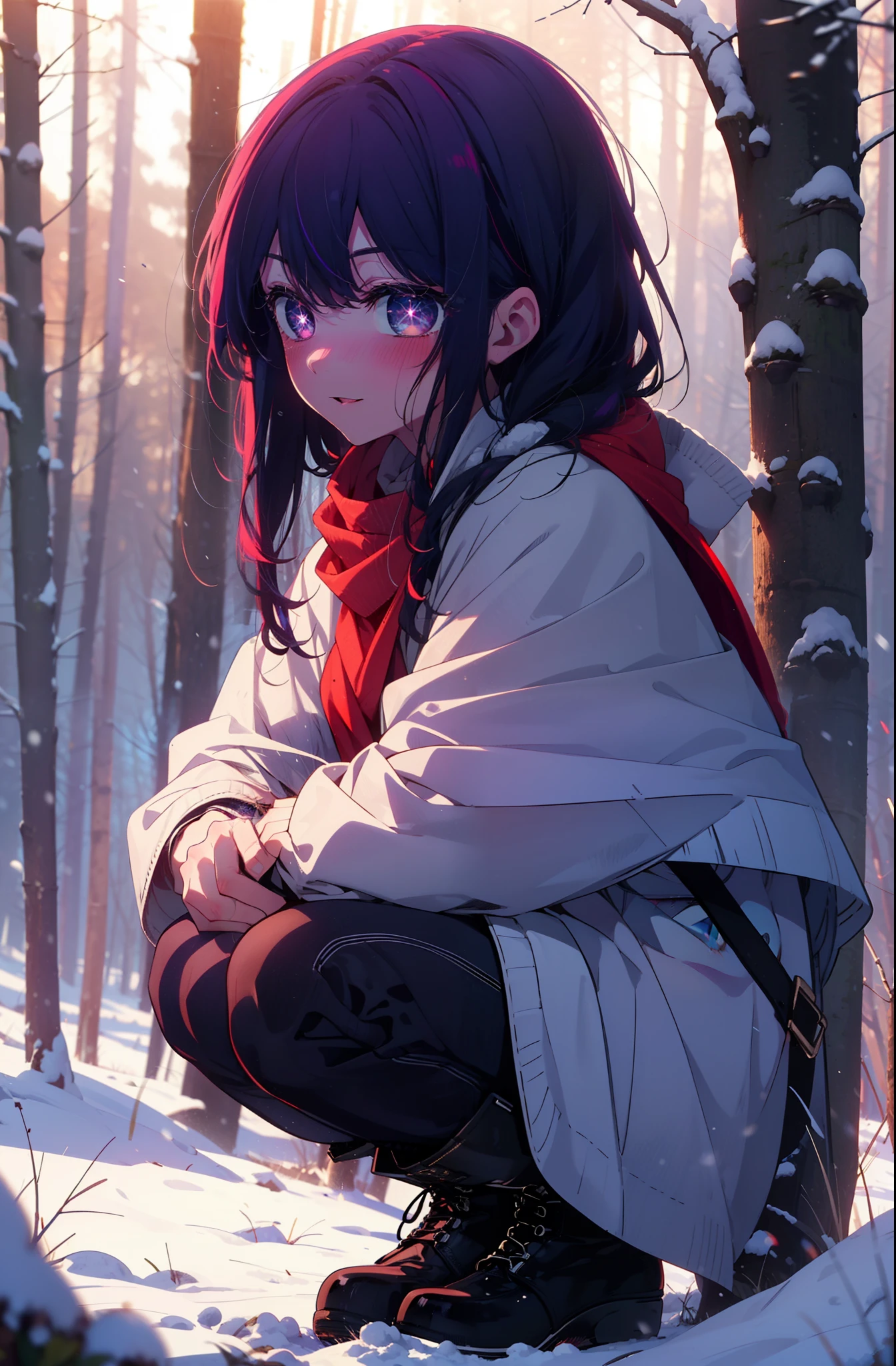 aihoshino, Ai Hoshino, Long Hair, bangs, (Purple eyes:1.1), Purple Hair, (Symbol-shaped pupil:1.5), smile,,smile,blush,White Breath,
Open your mouth,snow,Ground bonfire, Outdoor, boots, snowing, From the side, wood, suitcase, Cape, Blurred, , forest, White handbag, nature,  Squat, Mouth closed, Cape, winter, Written boundary depth, Black shoes, red Cape break looking at viewer, Upper Body, whole body, break Outdoor, forest, nature, break (masterpiece:1.2), Highest quality, High resolution, unity 8k wallpaper, (shape:0.8), (Beautiful and beautiful eyes:1.6), Highly detailed face, Perfect lighting, Highly detailed CG, (Perfect hands, Perfect Anatomy),