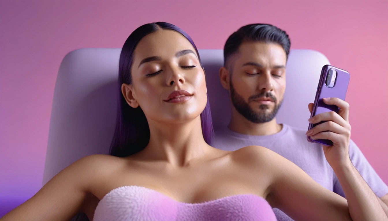 man doing erotic massage to woman, she holds smartphone in her hand, sensually, womans mouth wide open. massage table, liquid drops, skin, we can see their faces close, minimalistic, in a light purple and pink style, with soft edges and blurred details, with a 3D render, on a colorful background, with a minimalist stage design, in a surreal style, with a cinema4D rendering, with a minimalist style, with low saturation, using gradient colors, with a cinema4D rendering, with a blender rendering, with super detail, at a super high resolution, at a super high definition