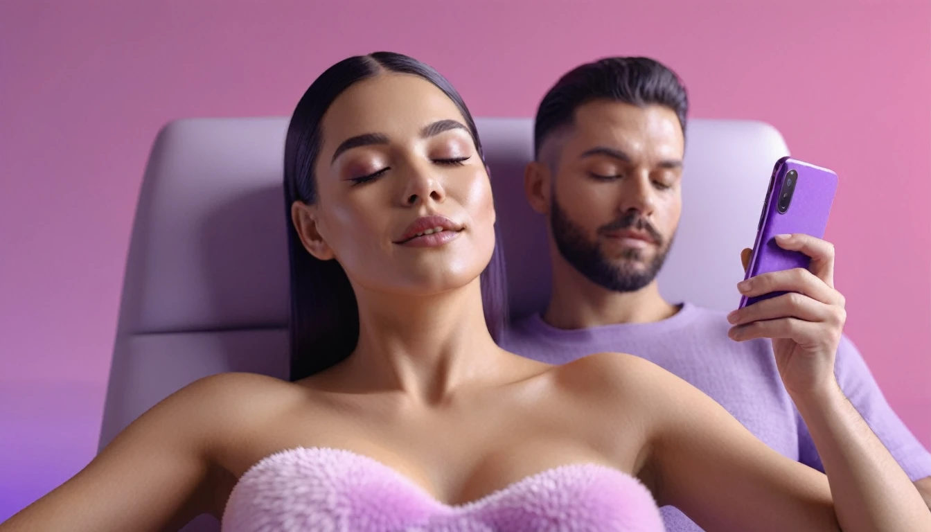 man doing erotic massage to woman, she holds smartphone in her hand, sensually, womans mouth wide open. massage table, liquid drops, skin, we can see their faces close, minimalistic, in a light purple and pink style, with soft edges and blurred details, with a 3D render, on a colorful background, with a minimalist stage design, in a surreal style, with a cinema4D rendering, with a minimalist style, with low saturation, using gradient colors, with a cinema4D rendering, with a blender rendering, with super detail, at a super high resolution, at a super high definition