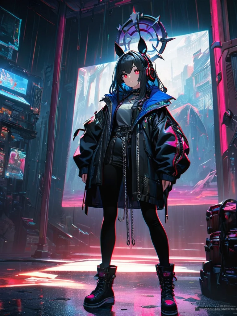 1 Girl, chromatic aberration, Depth of written boundary, Soft Light, masterpiece, Highest quality, complicated, Tone Mapping, Very detailed, Art Station, Concept Art, Smooth, Clear focus, Dramatic lighting, Very detailed artwork, movie, super practical painting, Art Station's trending, 8K, Incredible Shadows, practical, (Very detailed background:1.0), whole body, View, Viewers, Very detailed portrait of one girl 1, standing on street corner, Heavy rain and lightning、Dark Sky, neon and cyber punk background, she is dressed in punk clothing with silver chains and silver spikes, Her hair was dyed a light black color.,The middle part is black, She wears headphones, Detailed red eyes with clear pupils, Ominous aura of halo, smile, punk, ciber punk, Backlight.Has horse ears、No background with a horse's tail、running