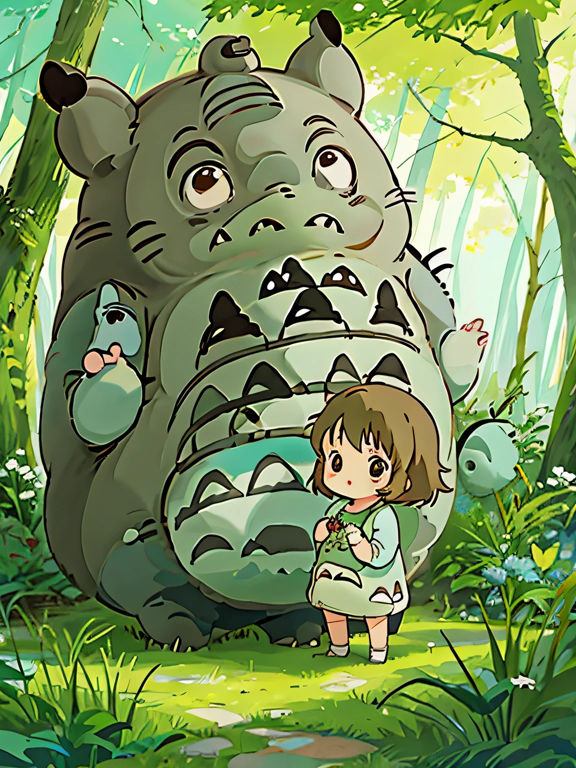 Hayao Miyazaki style、Kawaii Design, ((most beautiful girl ever))、Chibi, hug,  (((Totoro))), 