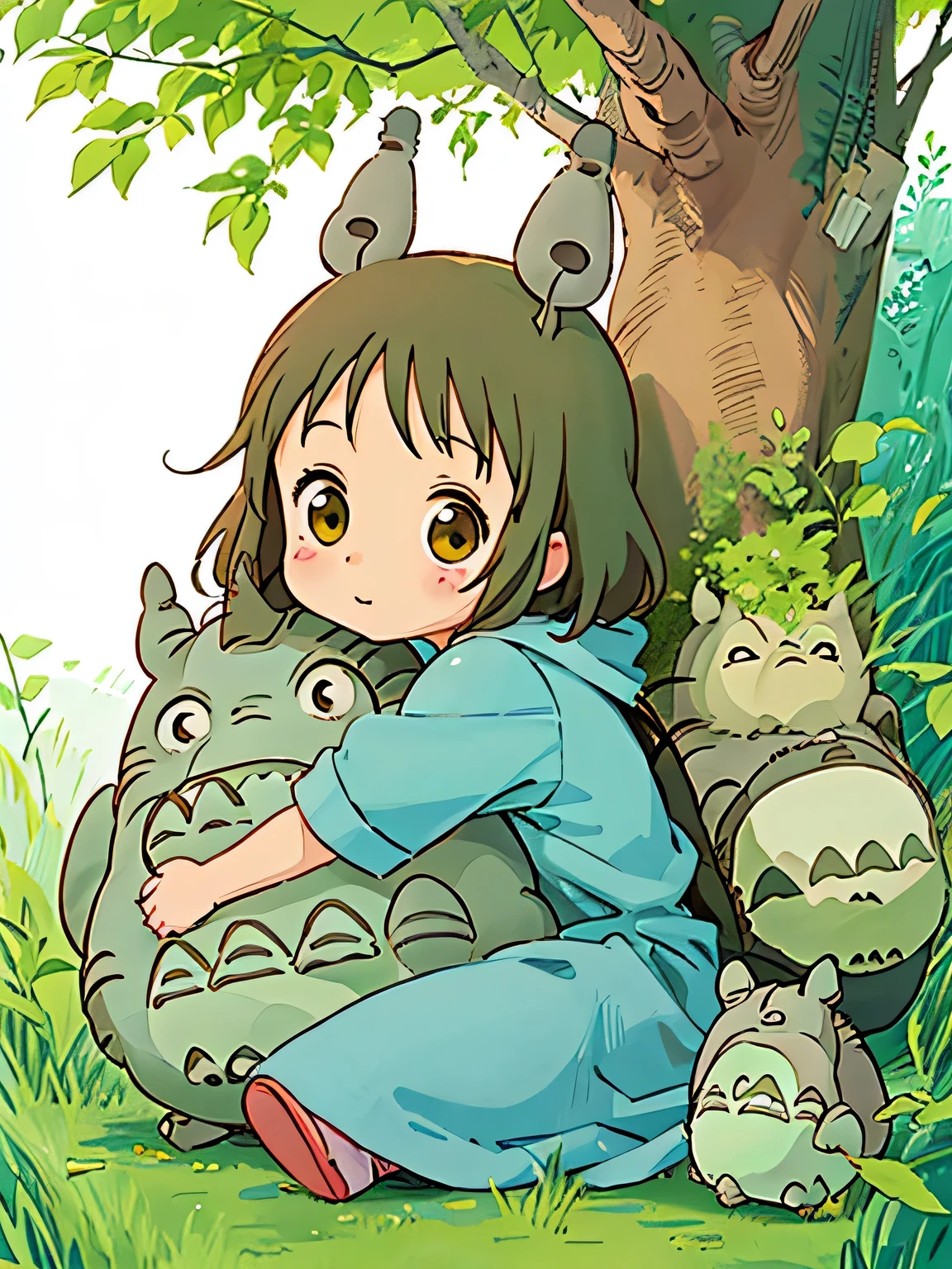 Hayao Miyazaki style、Kawaii Design, ((most beautiful girl ever))、Chibi, hug, (((Totoro))),