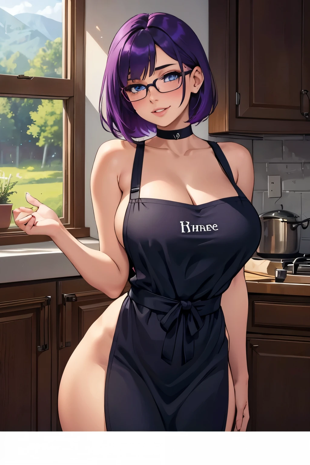 Beautiful young ager, 1girl, purple hair, blue eyes, extremely short hair, freckles on face, happy, smiling, blushing, thin frame eyeglasses, thick lips, full lips, huge breasts, extreme cleavage, deep cleavage, very thin body, naked apron, wearing nothing but an apron, sleeveless, bare arms, choker, perfect anatomy, kitchen background, countryside, detailed background, ultra-detailed, 4k, 8k, best quality, masterpiece