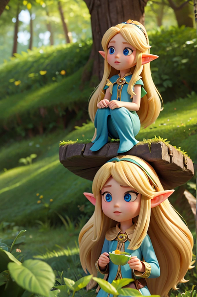 a with long hair blonde and big eyes shiny and elf ears, next here a fairy, they was in the magic forest