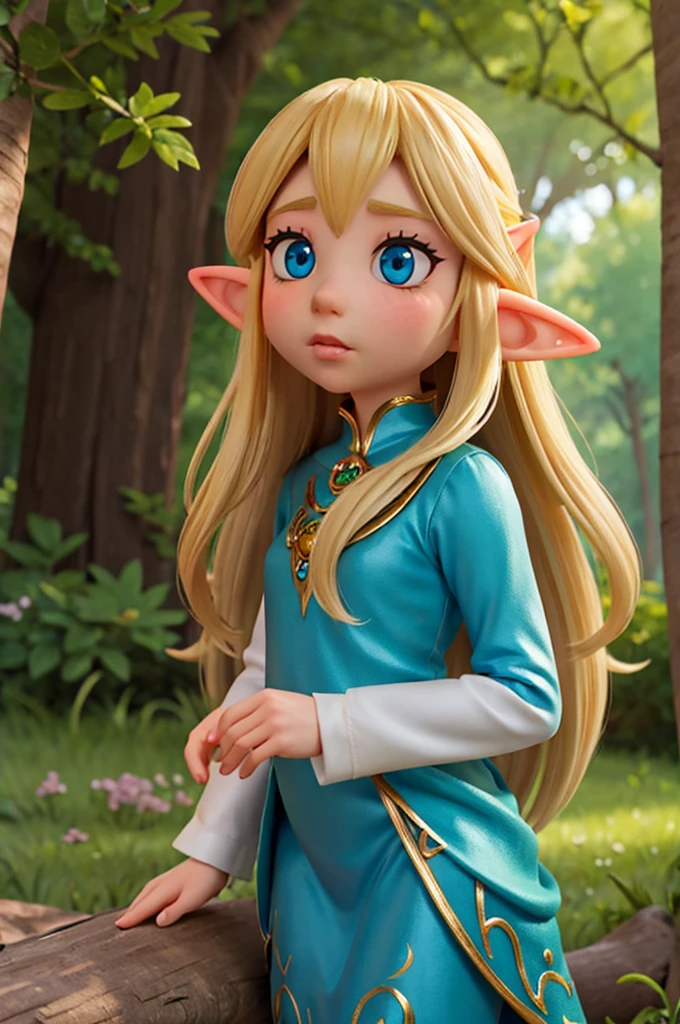 a with long hair blonde and big eyes shiny and elf ears, next here a fairy, they was in the magic forest
