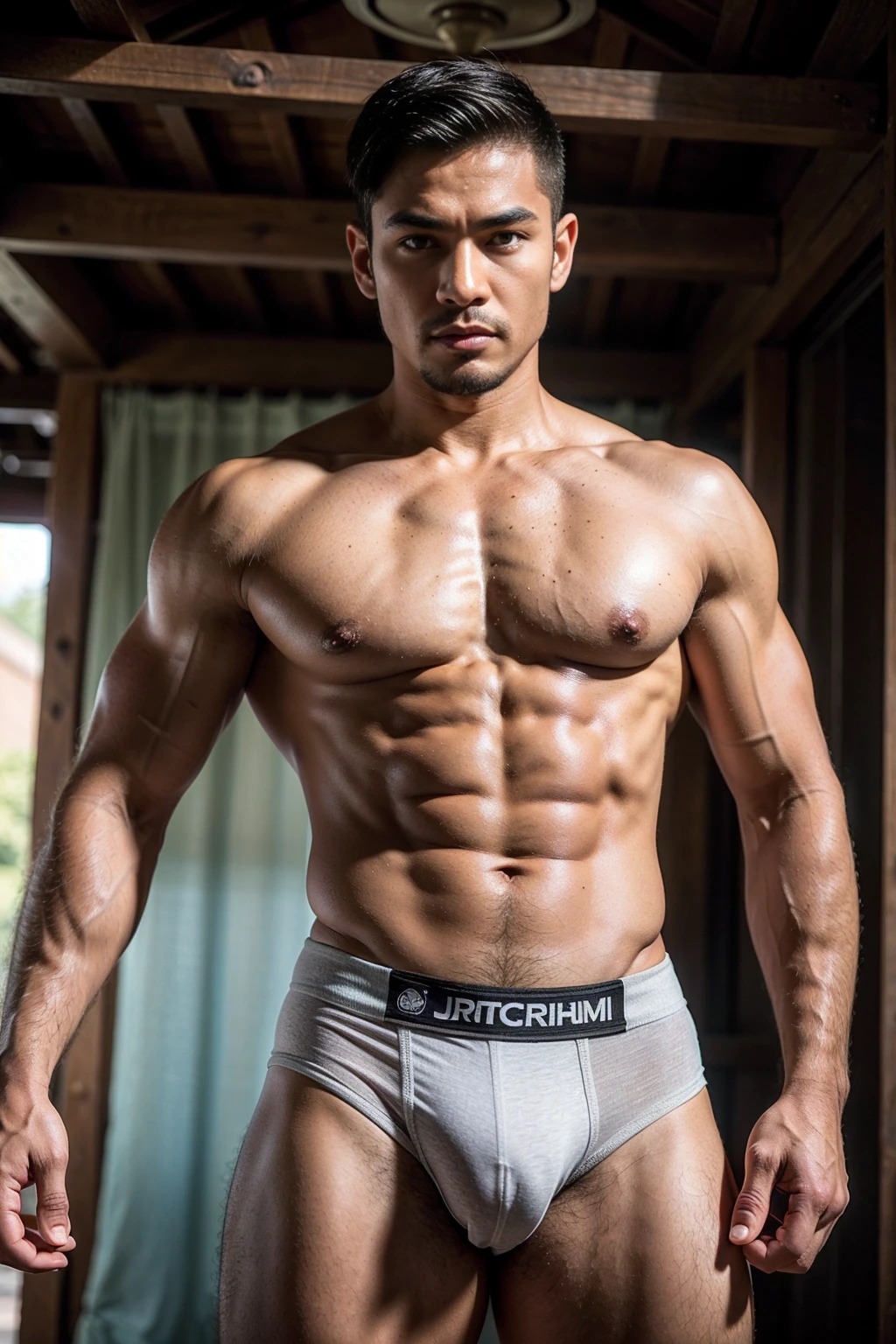 Ancient Thai Daddy,60 year old,Thai nationality,Thai ethnicity,background is In the backyard decorated in a Thai northeastern style.,skinny boy body, muscle body,sport body, big muscle, Handsome face,Six Pack,muscle,Crew Cut Men's hairstyle, He was wearing tight Yellow and Grteen Calvin Klein underwear and curved legs., perfect , male , correct male scrotum, perfect scrotum, male structure, short detailed hair, Sexy guy, looking at viewer, standing,highest detail, superior quality, natural lighting, beautiful, sexy, correct anatomy, good composition, man focus,amazing composition, front view, HDR, volumetric lighting, ultra quality, elegant,vpl,the middle of the picture,Fujifilm XT3 photorealistic art by midjourney,(Best quality, 8k, Masterpiece).,highest detail, superior quality, natural lighting,realistic shapes, realistic skin tones,Natural eyes,realistic eyes,Open your eyes,Thai skin color color,Have chest hair, Have belly hair, Have pubic hair,Realistic convex crotch,Prominent crotch,huge crotch,tight crotch,vpl,realistic muscles,Realistic wrinkles on the skin,Realistic arms and legs,Realistic face,realistic hair,Post a erotic photoshoot,Realistic pose,Black hair with gray hair