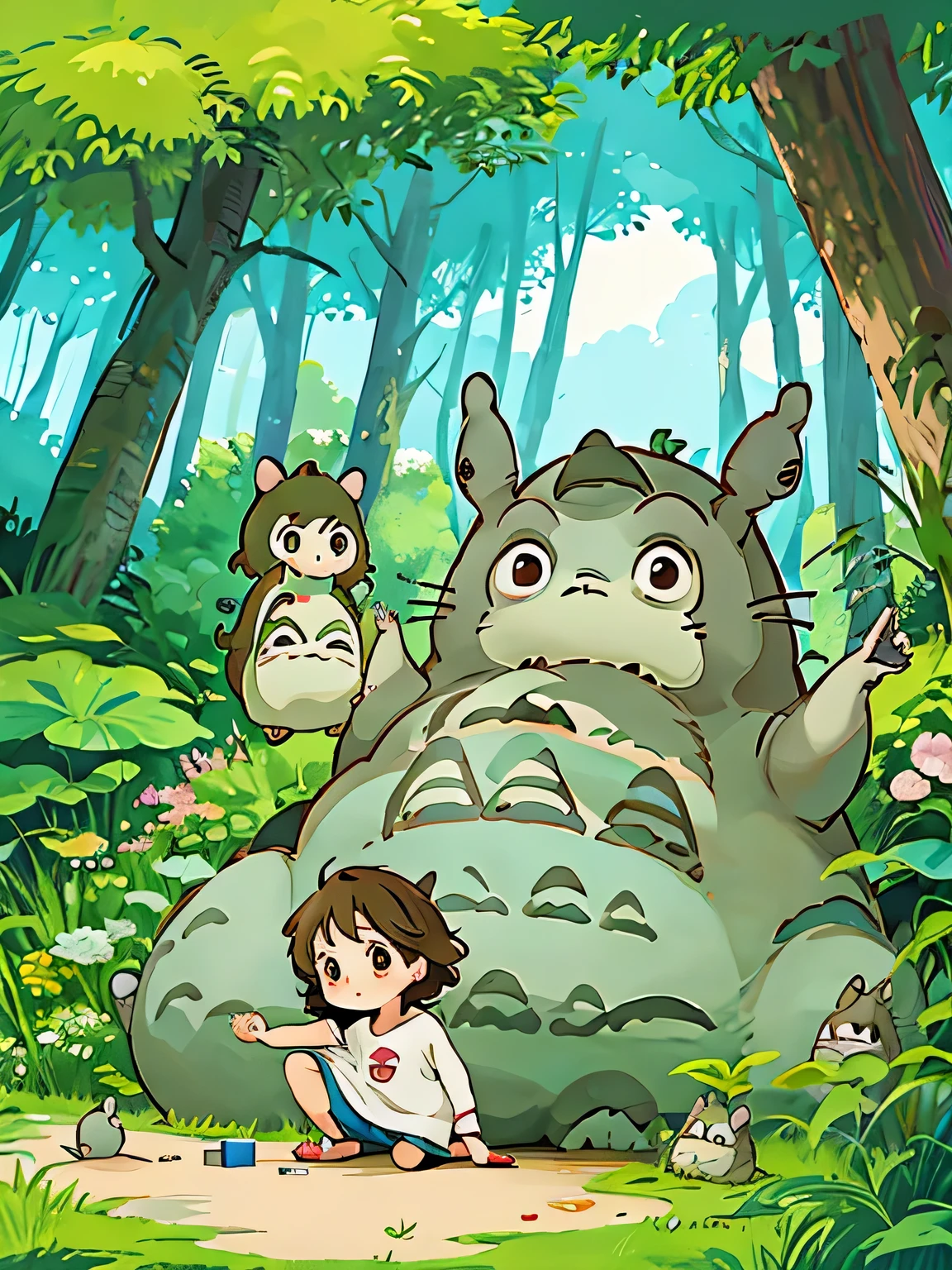 Hayao Miyazaki style、Kawaii Design, ((most beautiful girl ever))、Chibi, (((playing with TOTORO)))、totoro
