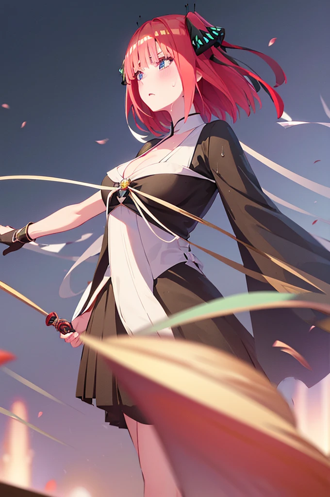 short hair, bangs, blue eyes, hair ornaments, Hair Ribbon, Pink Hair, blunt bangs, Both sides up, butterfly hair ornaments, skirt, No sleeve、、Random color see-through kunoichi costume、Japanese see-through female samurai costume、See-through female ninja costume,, Open clothes, Collared dress emphasizes cleavage、胸の谷間のSweat is noticeable,, 満開のcherry blossoms、cherry blossoms、Open-air bath、Outdoor、Professional lighting light reflection、 looking at viewer, (masterpiece:1.2), Highest quality, High resolution, unity 8k wallpaper, (figure:0.8), (Beautiful fine details:1.6), Highly detailed face, Perfect lighting, Highly detailed CG, (Perfect hands, Perfect Anatomy),heavy rain、heavy rainで全身びしょ濡れ、heavy rainで全身びしょ濡れの服、High heels、 ((Perfect handsの形))、(Perfect foot shape、Embarrassed expression blushing、、Gestures to seduce a man、Obscene pose、Shining Sweat、Perfect Skin,Sweat is noticeable、太もものSweat is noticeable、、 Fair skin,Tight waist, Sweating profusely、Sweaty hair、Sweaty clothes、Sweaty、Visible sweat、rain-wet hair